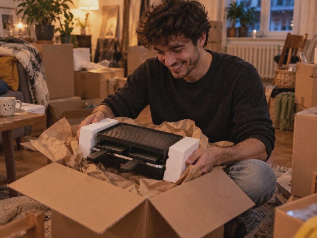Jeune homme déballant un appareil à raclette dans son nouvel appartement