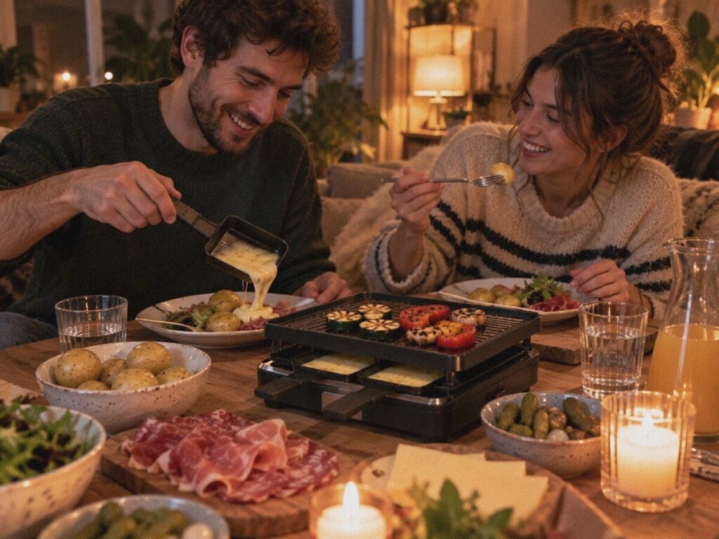 Couple souriant partageant une raclette à deux à la lueur des bougies