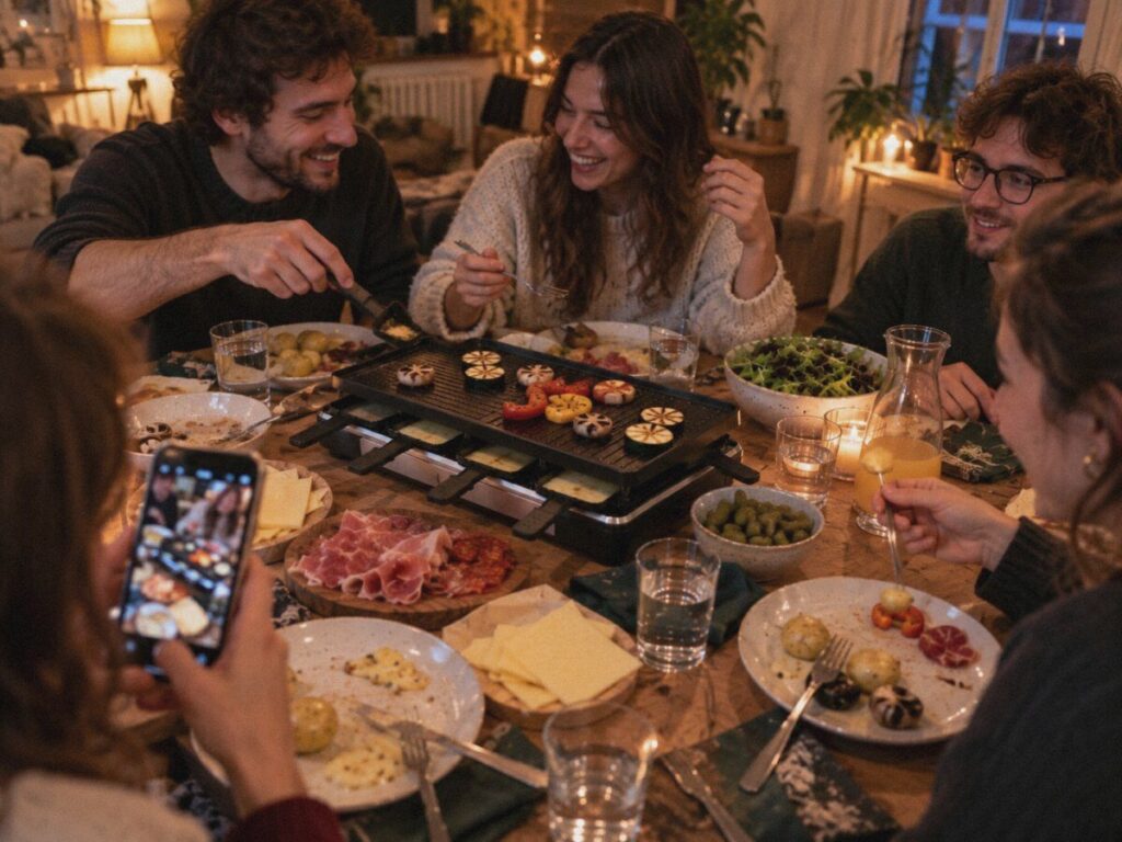 Table de raclette garnie pour une soirée entre amis