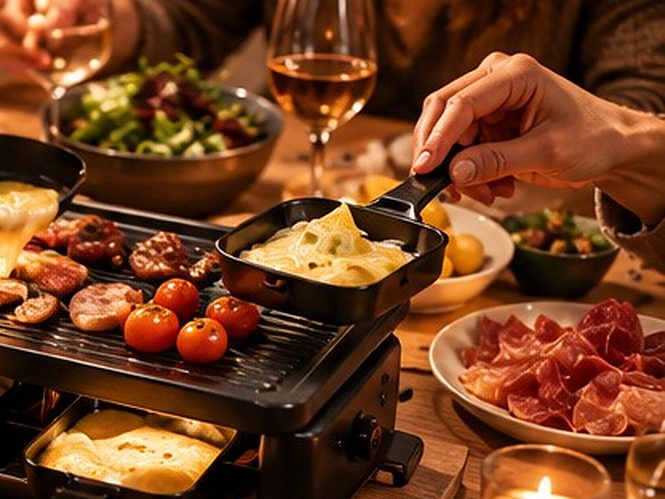 Plaque grill avec tomates cerises et viandes, poêlon de fromage fondu