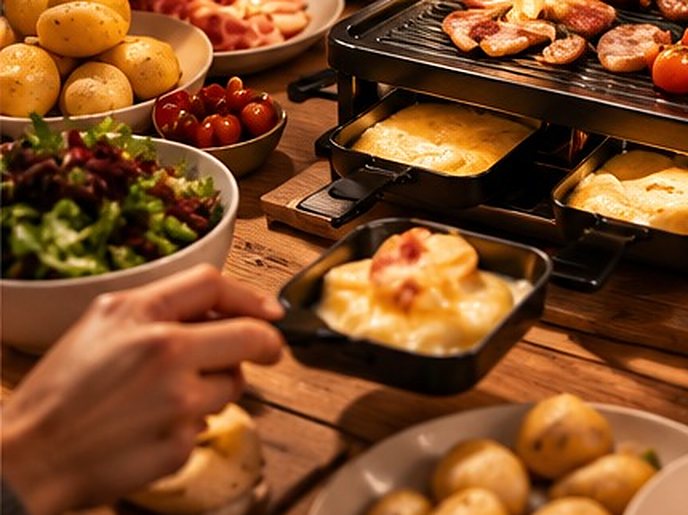 Pommes de terre, salade et poêlons de fromage fondu pour une raclette traditionnelle